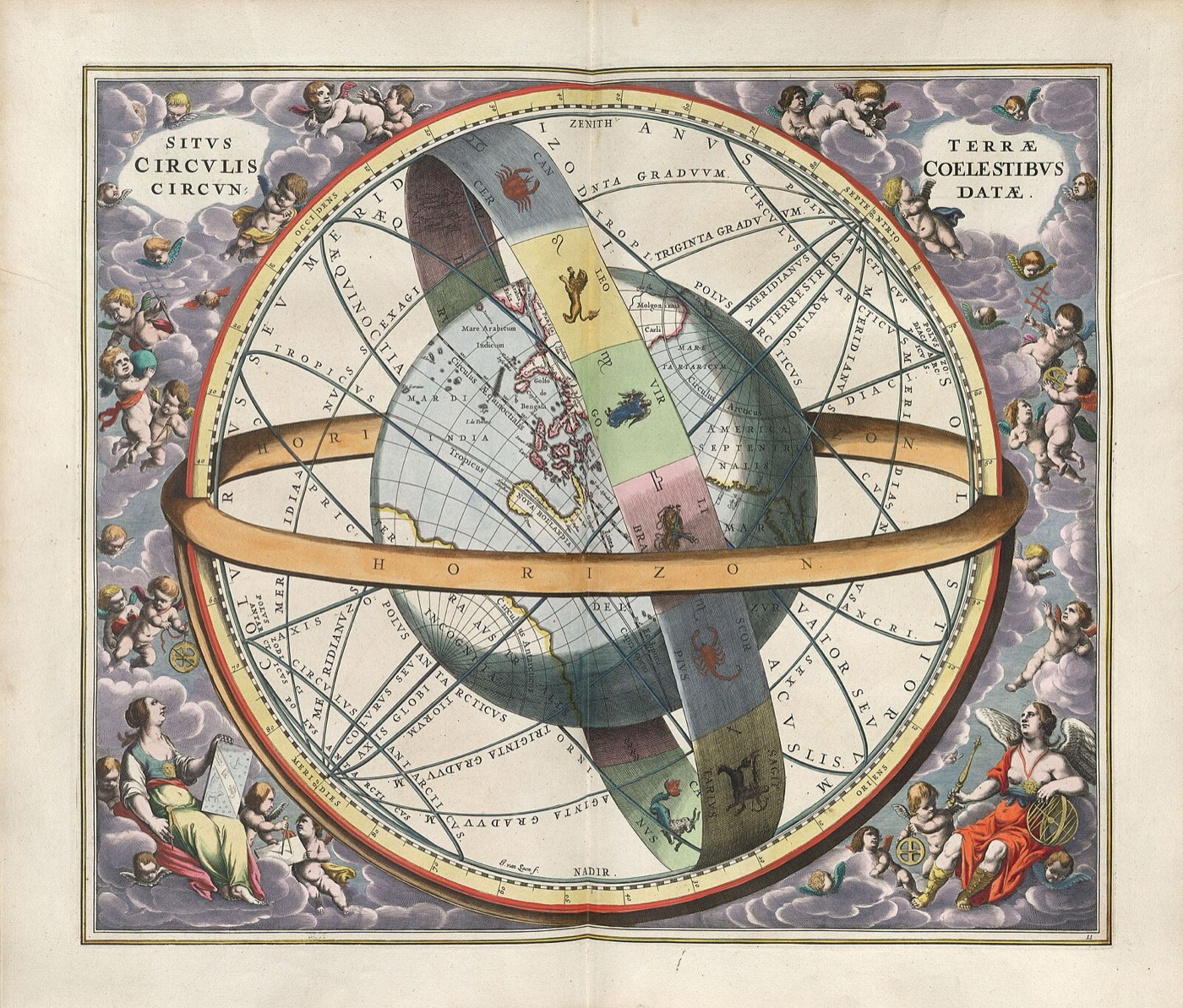 Situs Terrae engraving by Andreas Cellarius, 1661, showing the Earth set among the celestial circles, an old map of the horizon geometry behind the rising sign and ascendant.