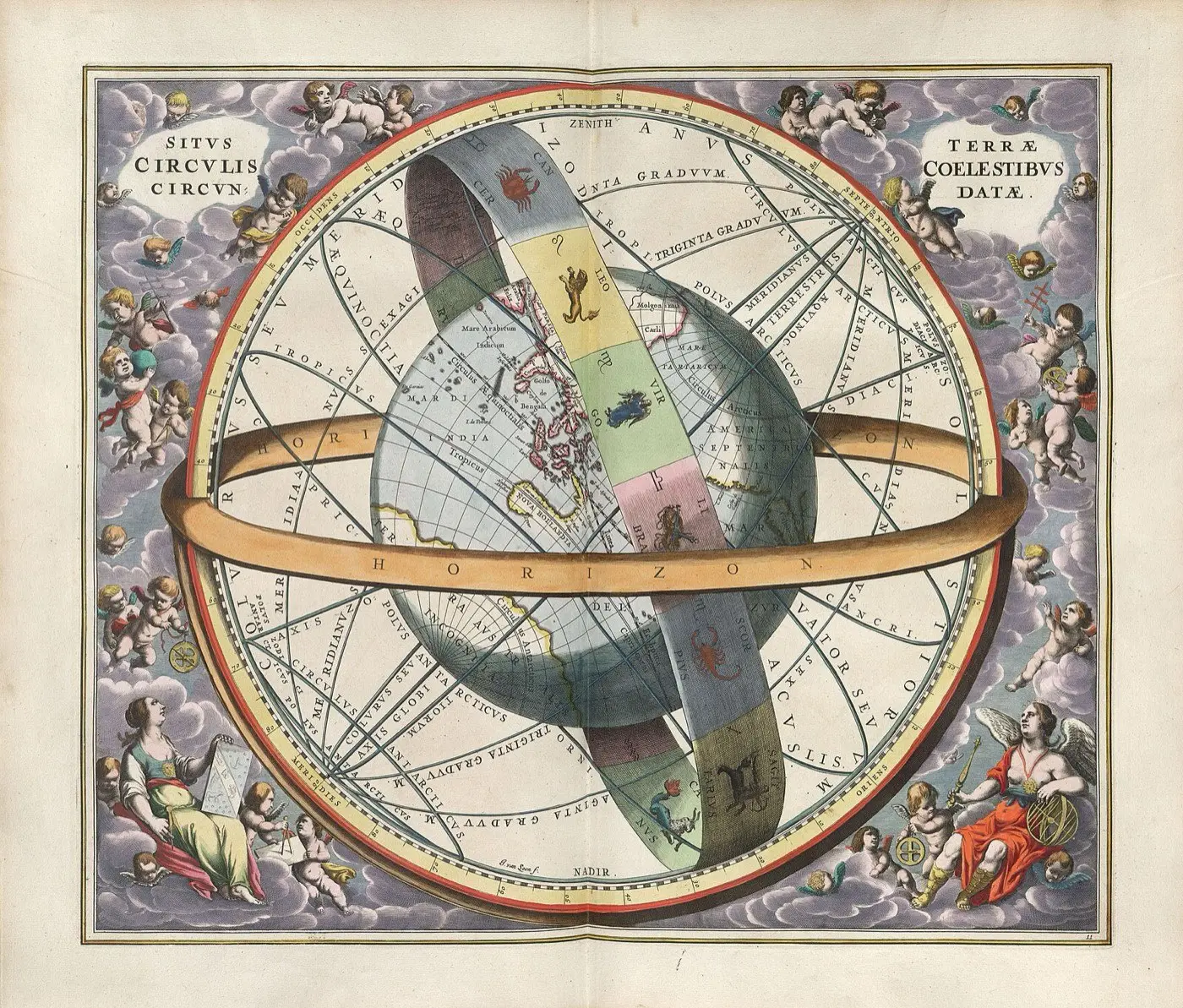 Situs Terrae engraving by Andreas Cellarius, 1661, showing the Earth set among the celestial circles, an old map of the ecliptic band the zodiac divides into twelve signs.