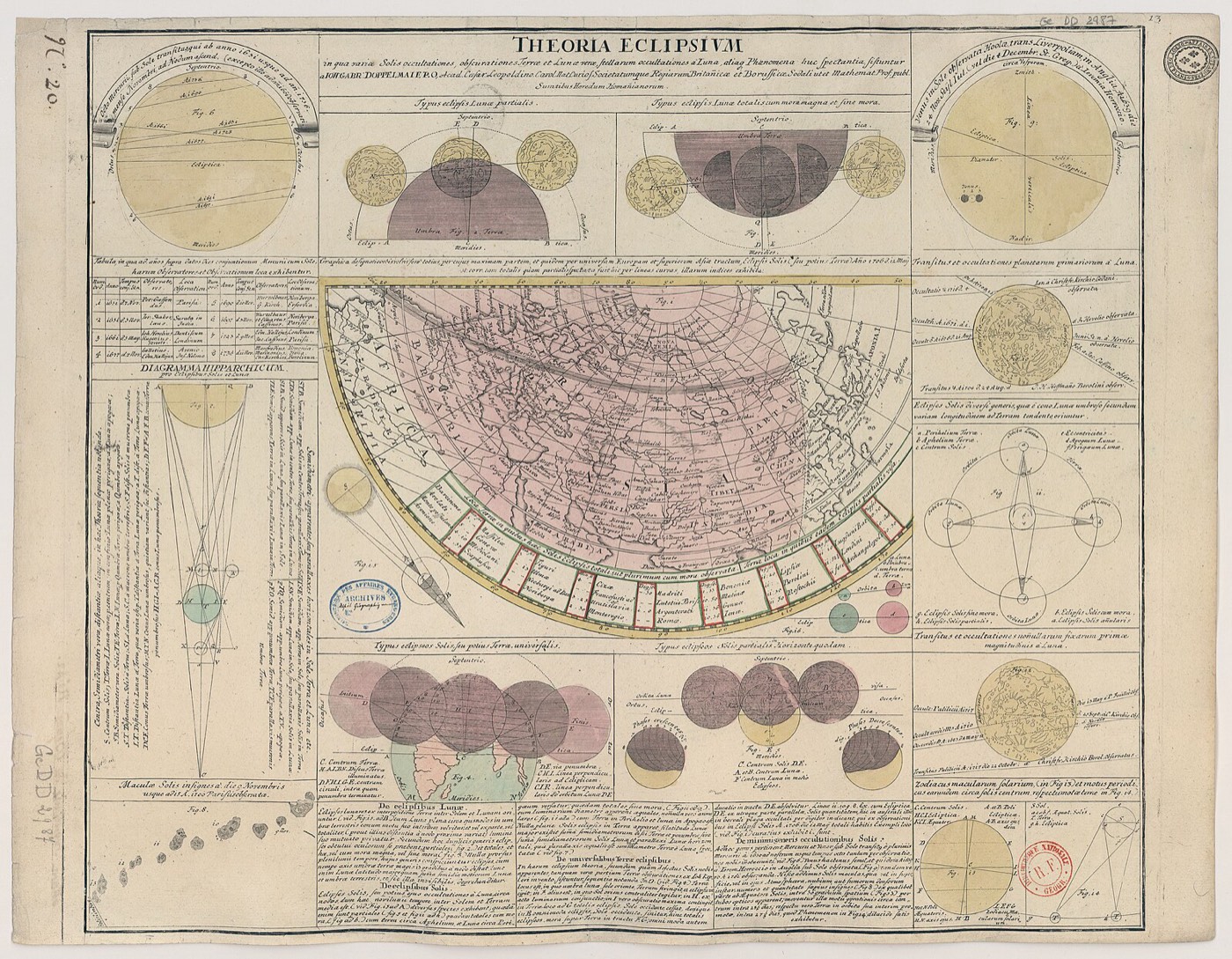 Theoria Eclipsium engraving by Johann Gabriel Doppelmayr, 1742, diagramming the shadow geometry of solar and lunar eclipses along the lunar nodes.