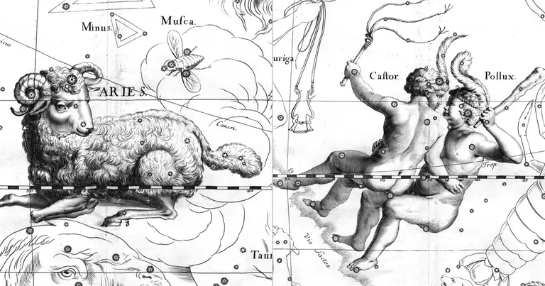 Ariete e Gemelli: l’affinità tra fuoco e aria · Ioh. Hevelius · Uranographia · 1690