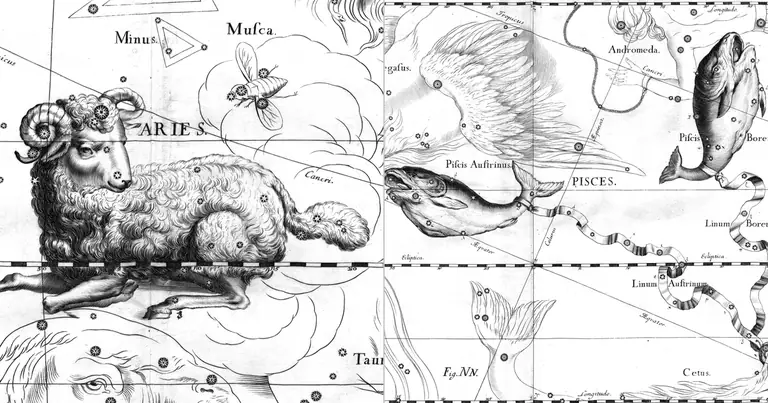 Áries e Peixes: compatibilidade entre força e sensibilidade · Ioh. Hevelius · Uranographia · 1690