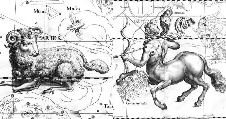 Áries e Sagitário: compatibilidade entre dois aventureiros · Ioh. Hevelius · Uranographia · 1690