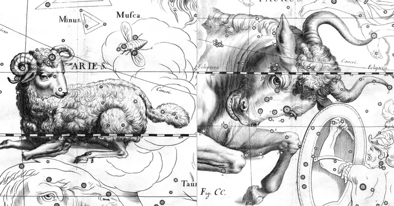 Ariete e Toro: affinità tra fuoco e terra · Ioh. Hevelius · Uranographia · 1690