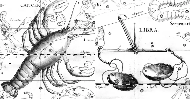 Cancro e Bilancia: due cardinali in quadratura · Ioh. Hevelius · Uranographia · 1690