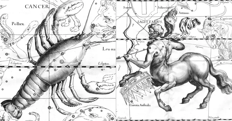 Рак и Стрелец: съвместимост на дома и пътя · Ioh. Hevelius · Uranographia · 1690