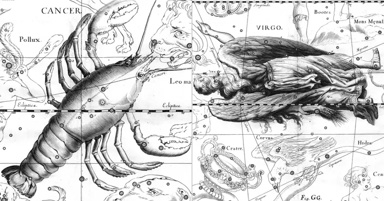 Рак и Дева: съвместимост на грижата и реда · Ioh. Hevelius · Uranographia · 1690