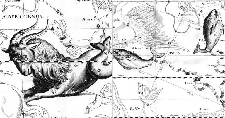 Козирог и Риби: съвместими ли са структурата и мечтата · Ioh. Hevelius · Uranographia · 1690