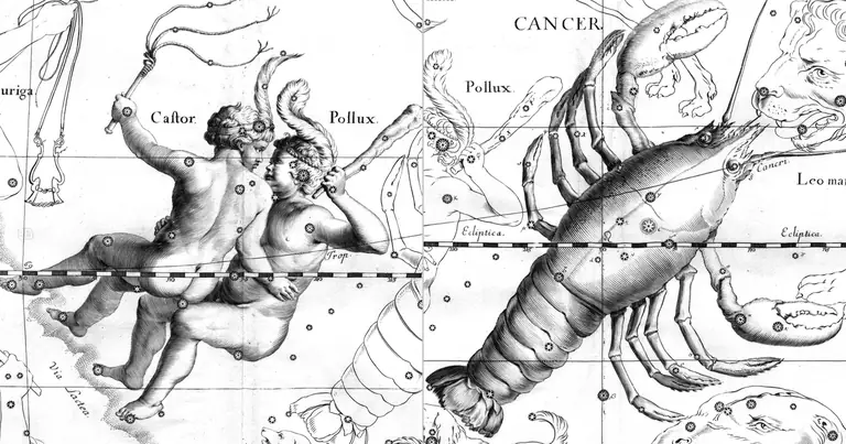 Gemelli e Cancro: la mente e le maree · Ioh. Hevelius · Uranographia · 1690