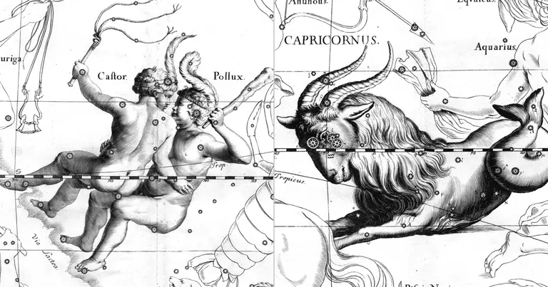Gêmeos e Capricórnio: compatibilidade entre brincadeira e disciplina · Ioh. Hevelius · Uranographia · 1690