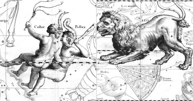 Gemelli e Leone: la battuta e il palcoscenico · Ioh. Hevelius · Uranographia · 1690