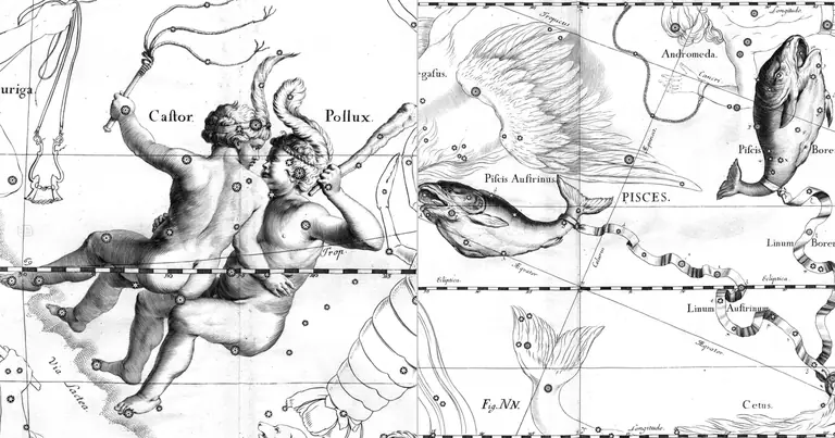 Gemelli e Pesci: due segni mutevoli in quadratura · Ioh. Hevelius · Uranographia · 1690