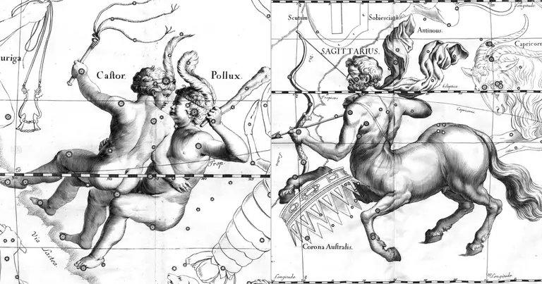 Gemelli e Sagittario: l’opposizione tra dettaglio e visione · Ioh. Hevelius · Uranographia · 1690
