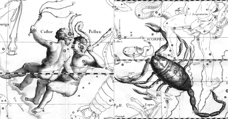 Gemelli e Scorpione: l’intesa difficile tra aria e acqua · Ioh. Hevelius · Uranographia · 1690