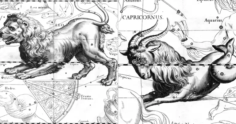 Löwe und Steinbock: Sonne und Saturn im Quinkunx · Ioh. Hevelius · Uranographia · 1690