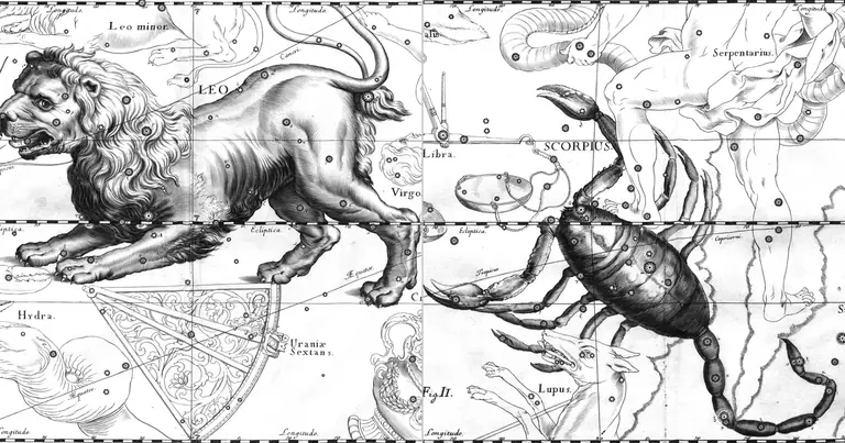 Leone e Scorpione: compatibilità tra due volontà · Ioh. Hevelius · Uranographia · 1690