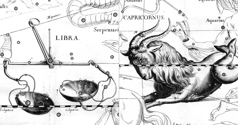 Libra e Capricórnio: compatibilidade entre charme e ambição · Ioh. Hevelius · Uranographia · 1690