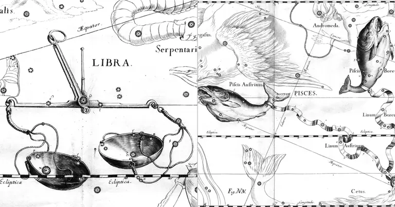 Libra e Peixes: compatibilidade entre romance e sensibilidade · Ioh. Hevelius · Uranographia · 1690