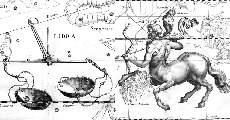 Libra e Sagitário: compatibilidade entre ar e fogo · Ioh. Hevelius · Uranographia · 1690