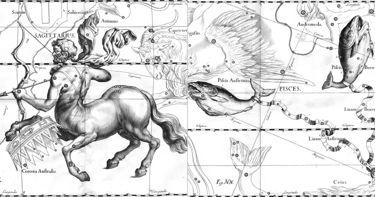 Стрелец и Риби: квадратура с общ управител · Ioh. Hevelius · Uranographia · 1690