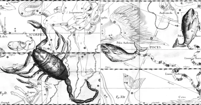 Escorpião e Peixes: compatibilidade de dois signos de água · Ioh. Hevelius · Uranographia · 1690