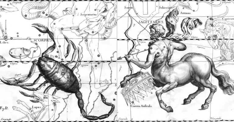 Escorpião e Sagitário: compatibilidade entre profundidade e liberdade · Ioh. Hevelius · Uranographia · 1690