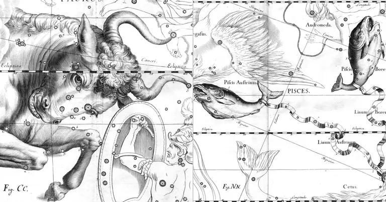 Toro e Pesci: la coppia romantica del sestile · Ioh. Hevelius · Uranographia · 1690
