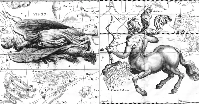 Virgem e Sagitário: compatibilidade entre detalhe e horizonte · Ioh. Hevelius · Uranographia · 1690